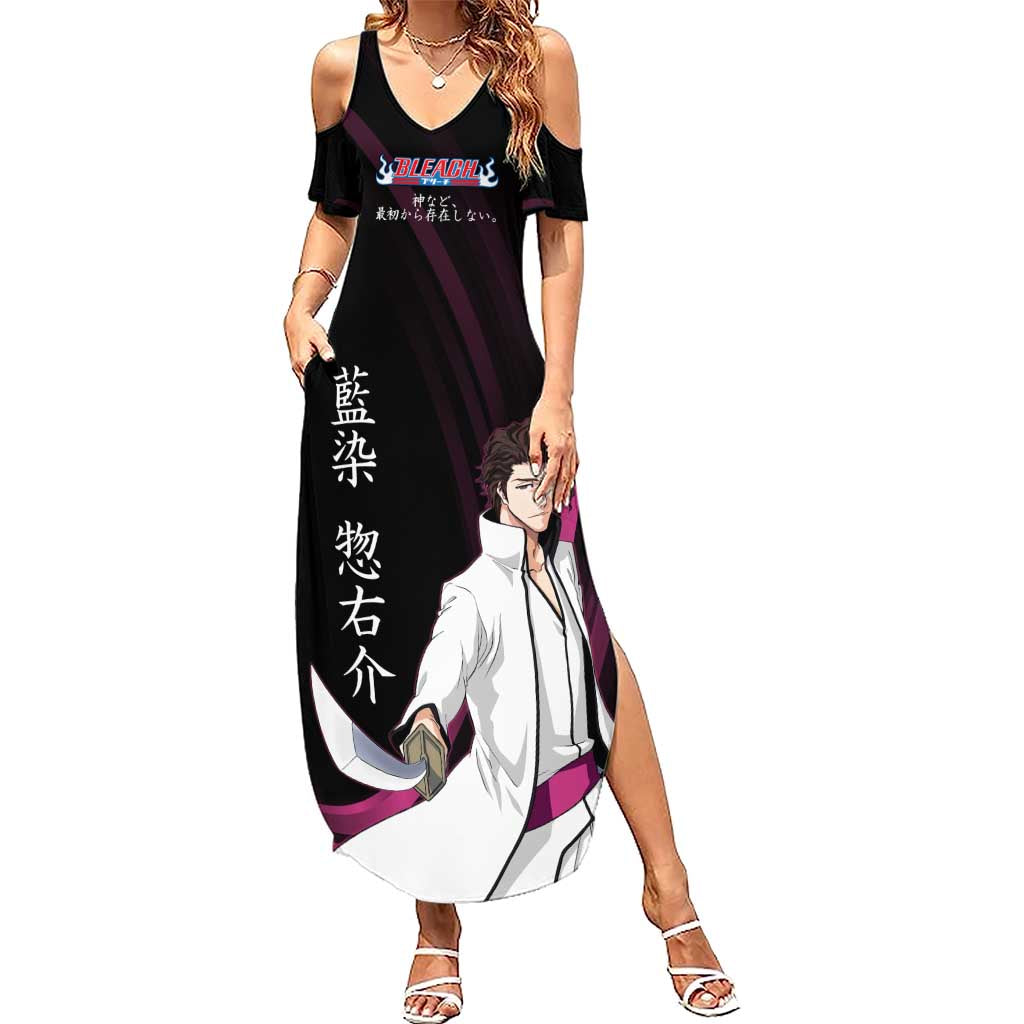 Sosuke Aizen Bleach Anime Black and Purple Theme Summer Maxi Dress with Zanpakuto Pose and Japanese Quote Design - The Mazicc