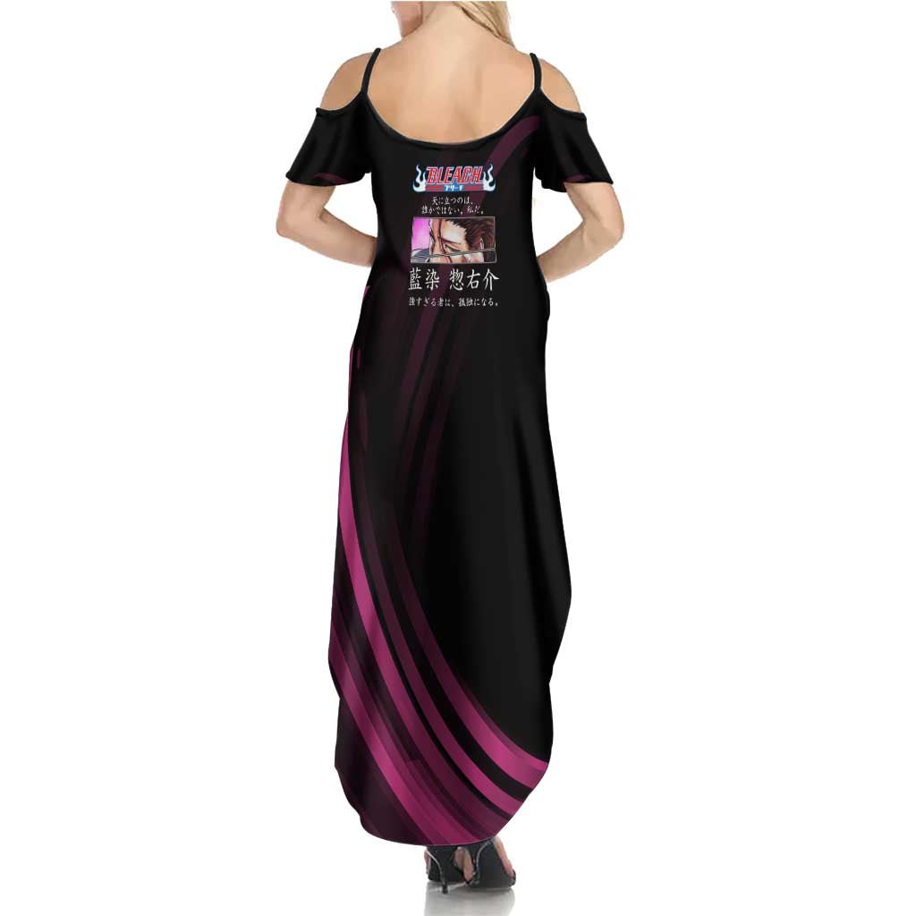 Sosuke Aizen Bleach Anime Black and Purple Theme Summer Maxi Dress with Zanpakuto Pose and Japanese Quote Design - The Mazicc
