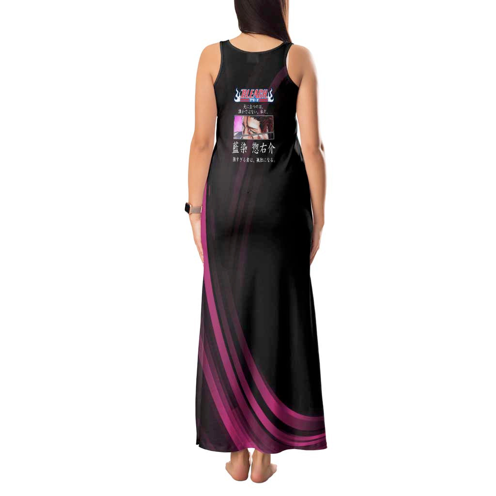 Sosuke Aizen Bleach Anime Black and Purple Theme Tank Maxi Dress with Zanpakuto Pose and Japanese Quote Design - The Mazicc