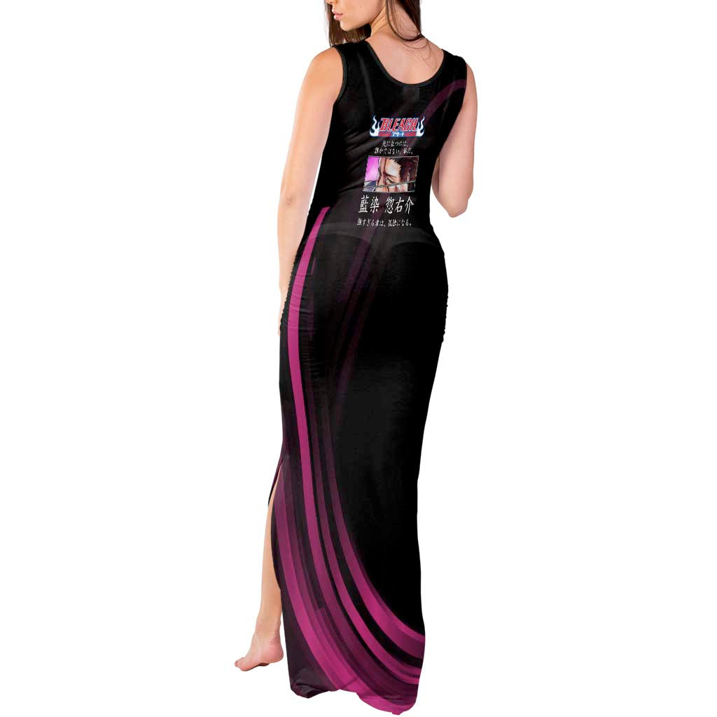 Sosuke Aizen Bleach Anime Black and Purple Theme Tank Maxi Dress with Zanpakuto Pose and Japanese Quote Design - The Mazicc