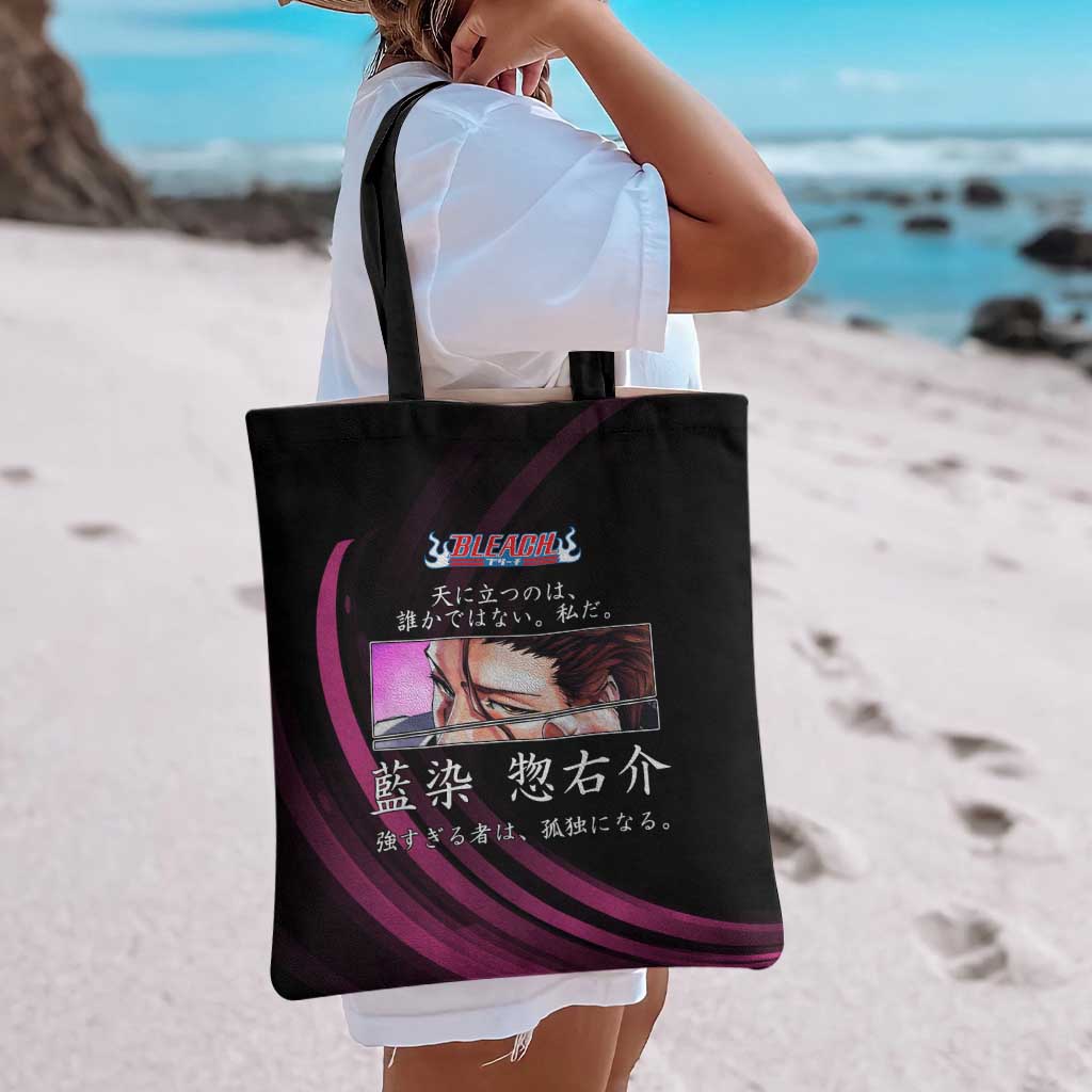 Sosuke Aizen Bleach Anime Black and Purple Theme Tote Bag with Zanpakuto Pose and Japanese Quote Design - The Mazicc