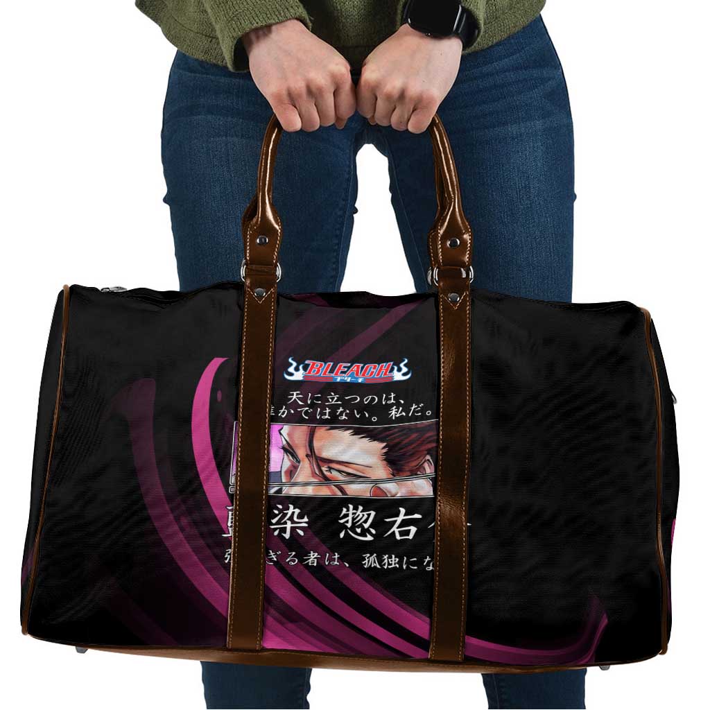 Sosuke Aizen Bleach Anime Black and Purple Theme Travel Bag with Zanpakuto Pose and Japanese Quote Design - The Mazicc
