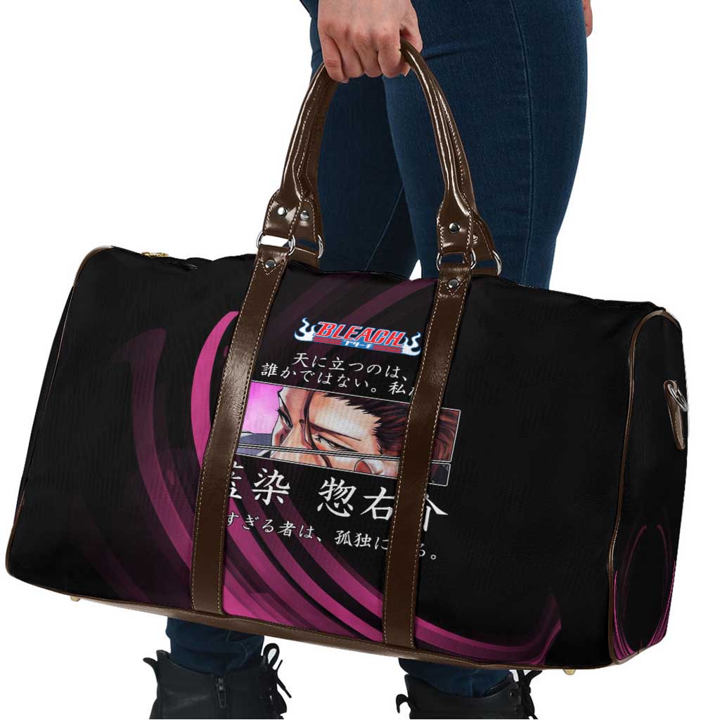 Sosuke Aizen Bleach Anime Black and Purple Theme Travel Bag with Zanpakuto Pose and Japanese Quote Design - The Mazicc