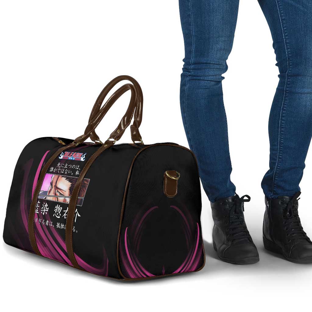 Sosuke Aizen Bleach Anime Black and Purple Theme Travel Bag with Zanpakuto Pose and Japanese Quote Design - The Mazicc