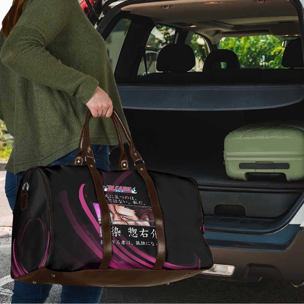 Sosuke Aizen Bleach Anime Black and Purple Theme Travel Bag with Zanpakuto Pose and Japanese Quote Design - The Mazicc