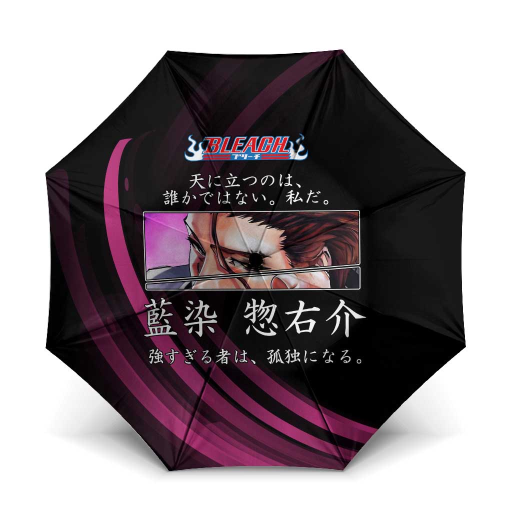 Sosuke Aizen Bleach Anime Black and Purple Theme Umbrella with Zanpakuto Pose and Japanese Quote Design - The Mazicc