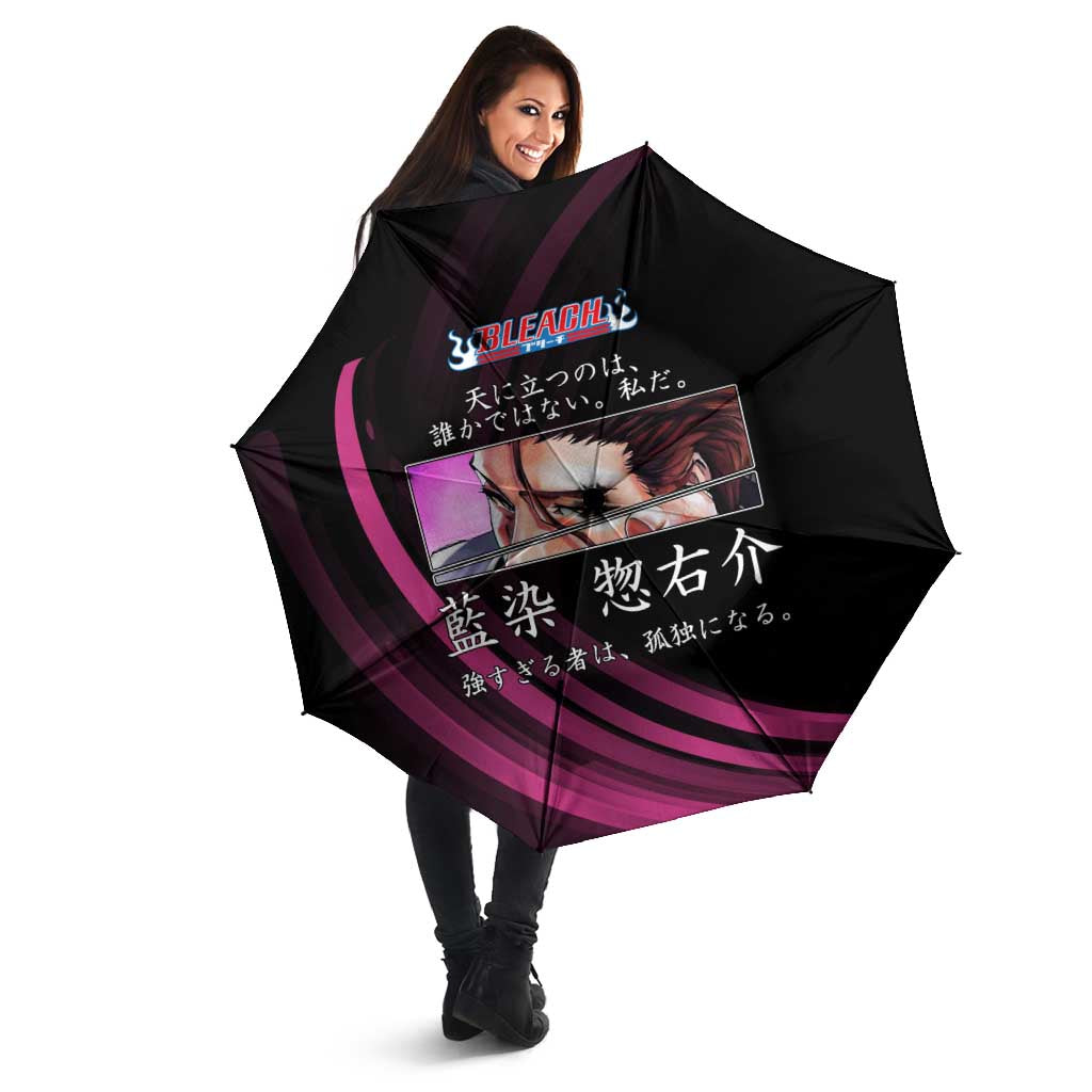 Sosuke Aizen Bleach Anime Black and Purple Theme Umbrella with Zanpakuto Pose and Japanese Quote Design - The Mazicc