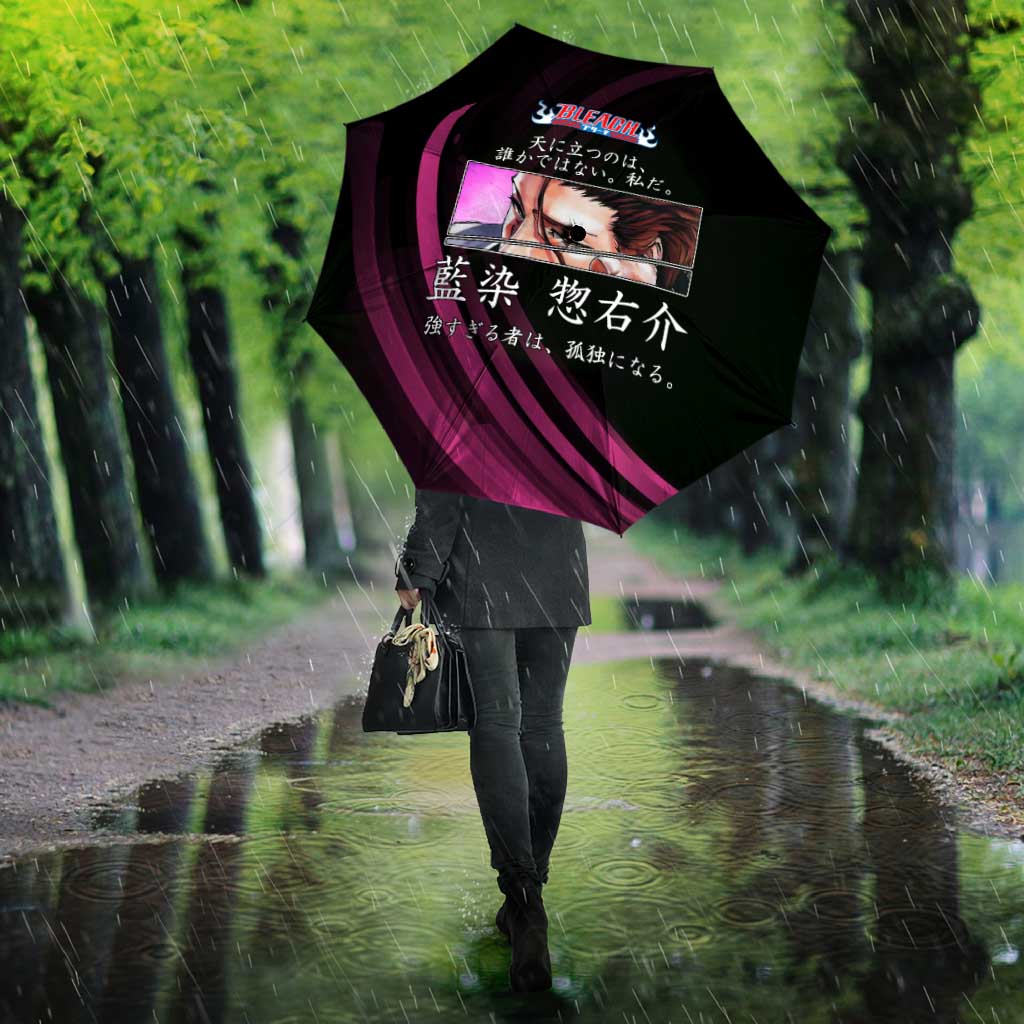 Sosuke Aizen Bleach Anime Black and Purple Theme Umbrella with Zanpakuto Pose and Japanese Quote Design - The Mazicc