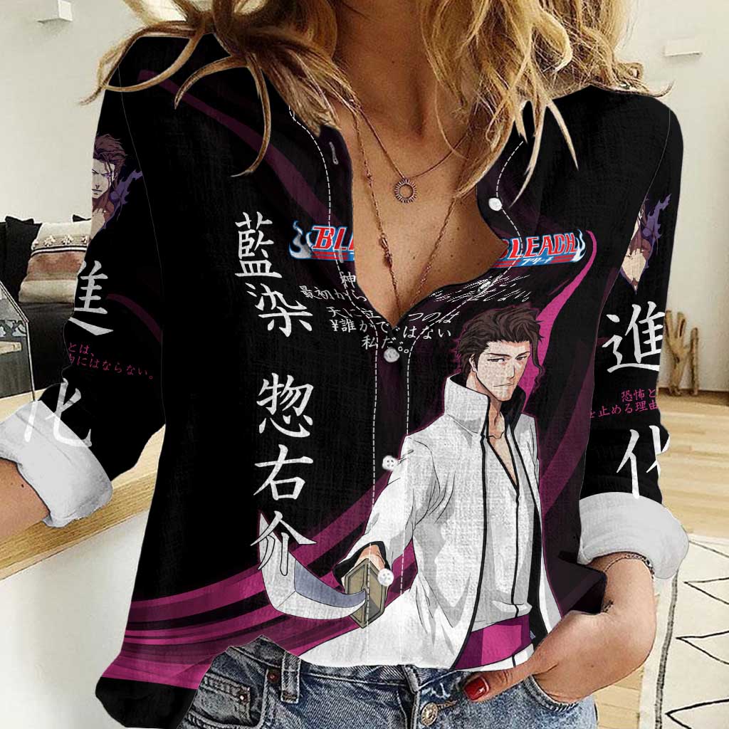 Sosuke Aizen Bleach Anime Black and Purple Theme Women Casual Shirt with Zanpakuto Pose and Japanese Quote Design - The Mazicc