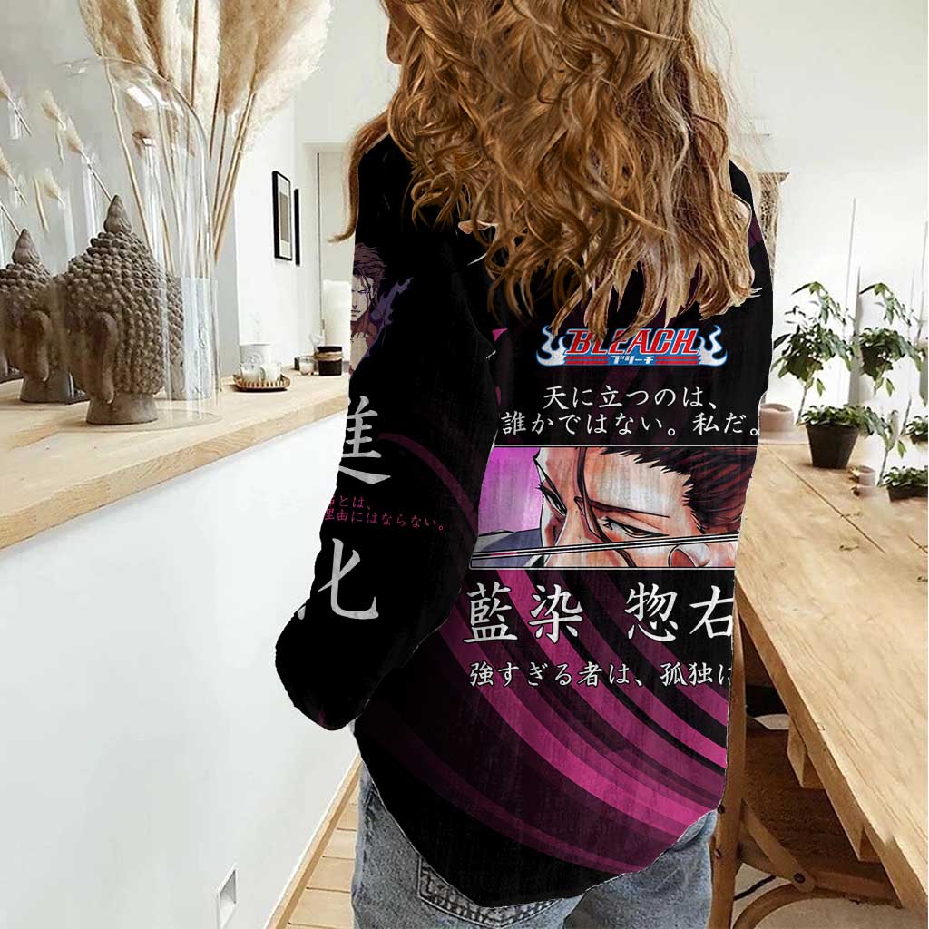 Sosuke Aizen Bleach Anime Black and Purple Theme Women Casual Shirt with Zanpakuto Pose and Japanese Quote Design - The Mazicc