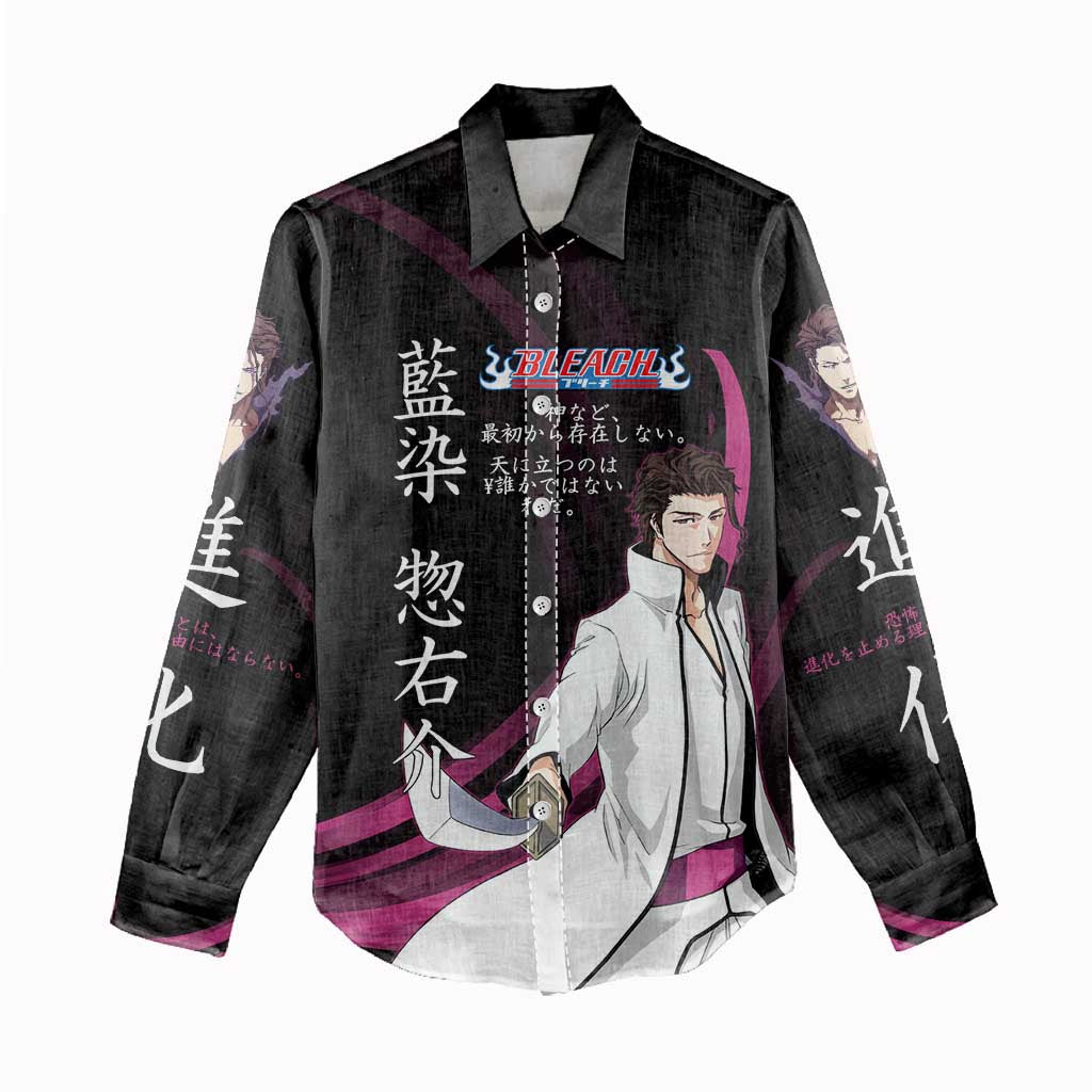 Sosuke Aizen Bleach Anime Black and Purple Theme Women Casual Shirt with Zanpakuto Pose and Japanese Quote Design - The Mazicc