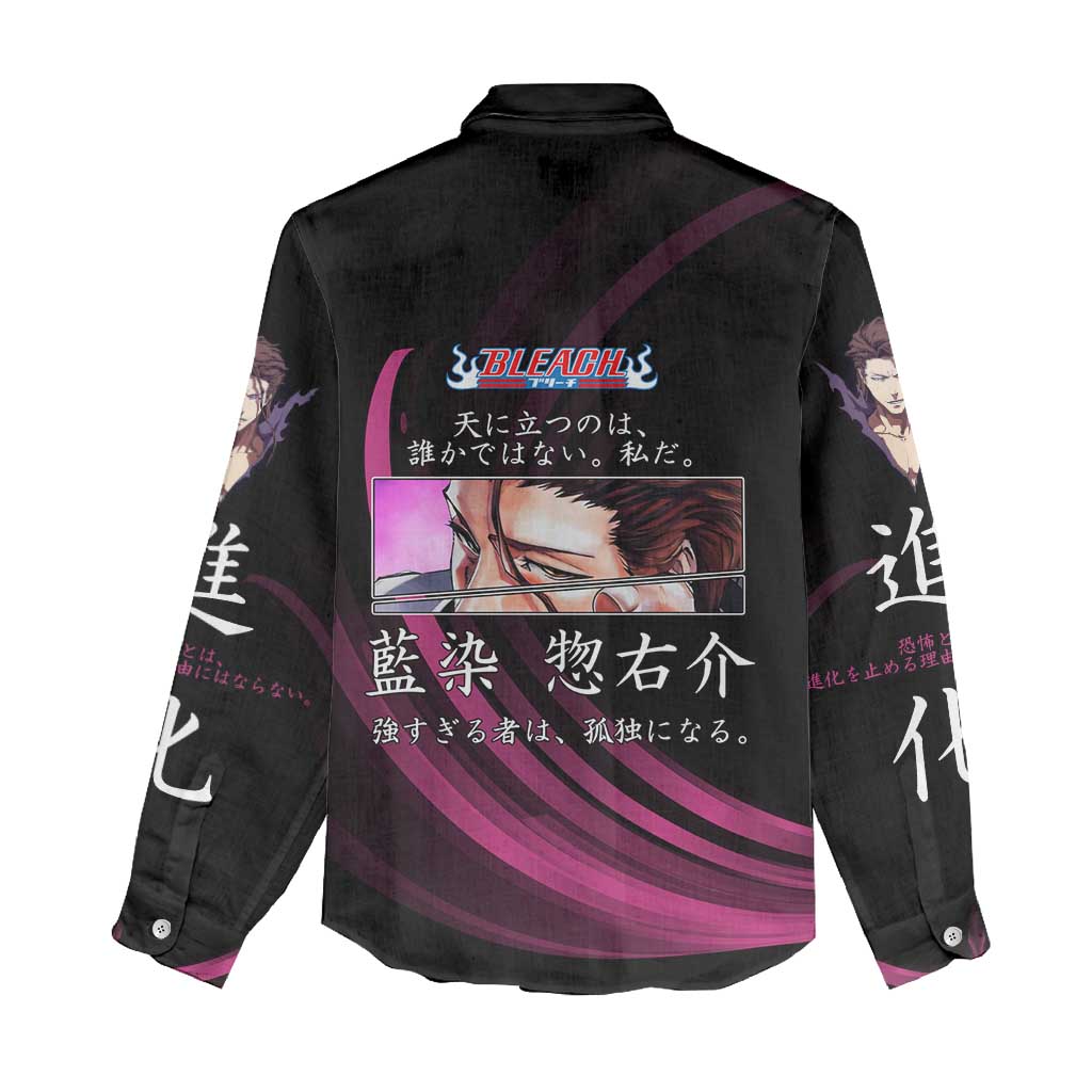 Sosuke Aizen Bleach Anime Black and Purple Theme Women Casual Shirt with Zanpakuto Pose and Japanese Quote Design - The Mazicc