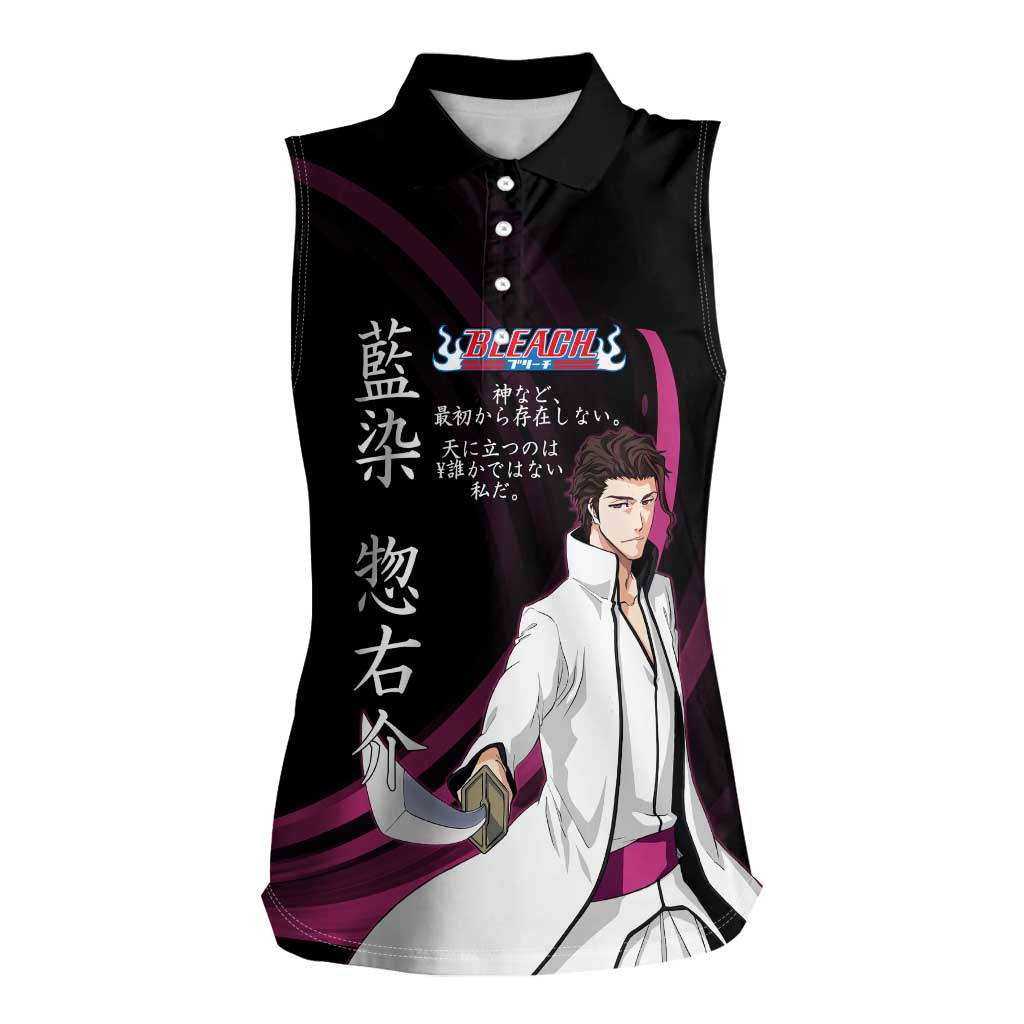 Sosuke Aizen Bleach Anime Black and Purple Theme Women Sleeveless Polo Shirt with Zanpakuto Pose and Japanese Quote Design - The Mazicc