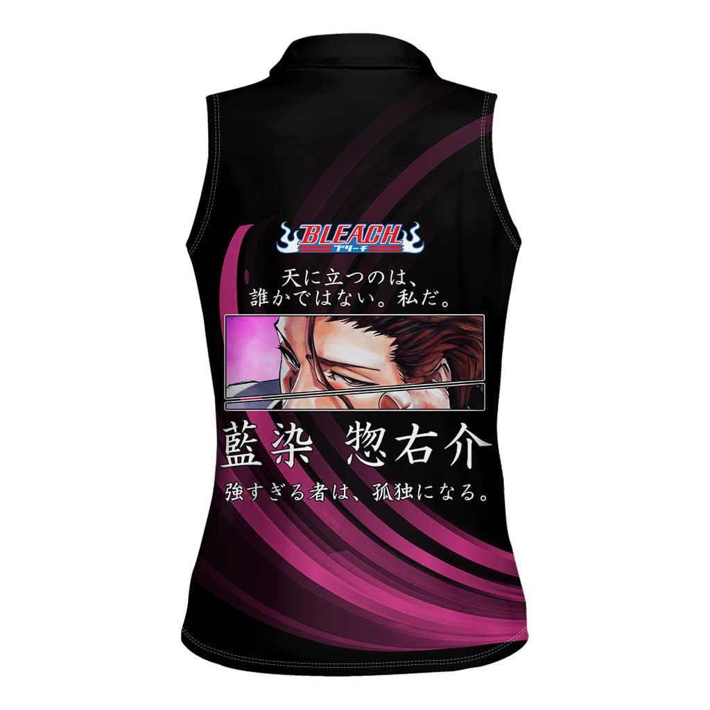 Sosuke Aizen Bleach Anime Black and Purple Theme Women Sleeveless Polo Shirt with Zanpakuto Pose and Japanese Quote Design - The Mazicc