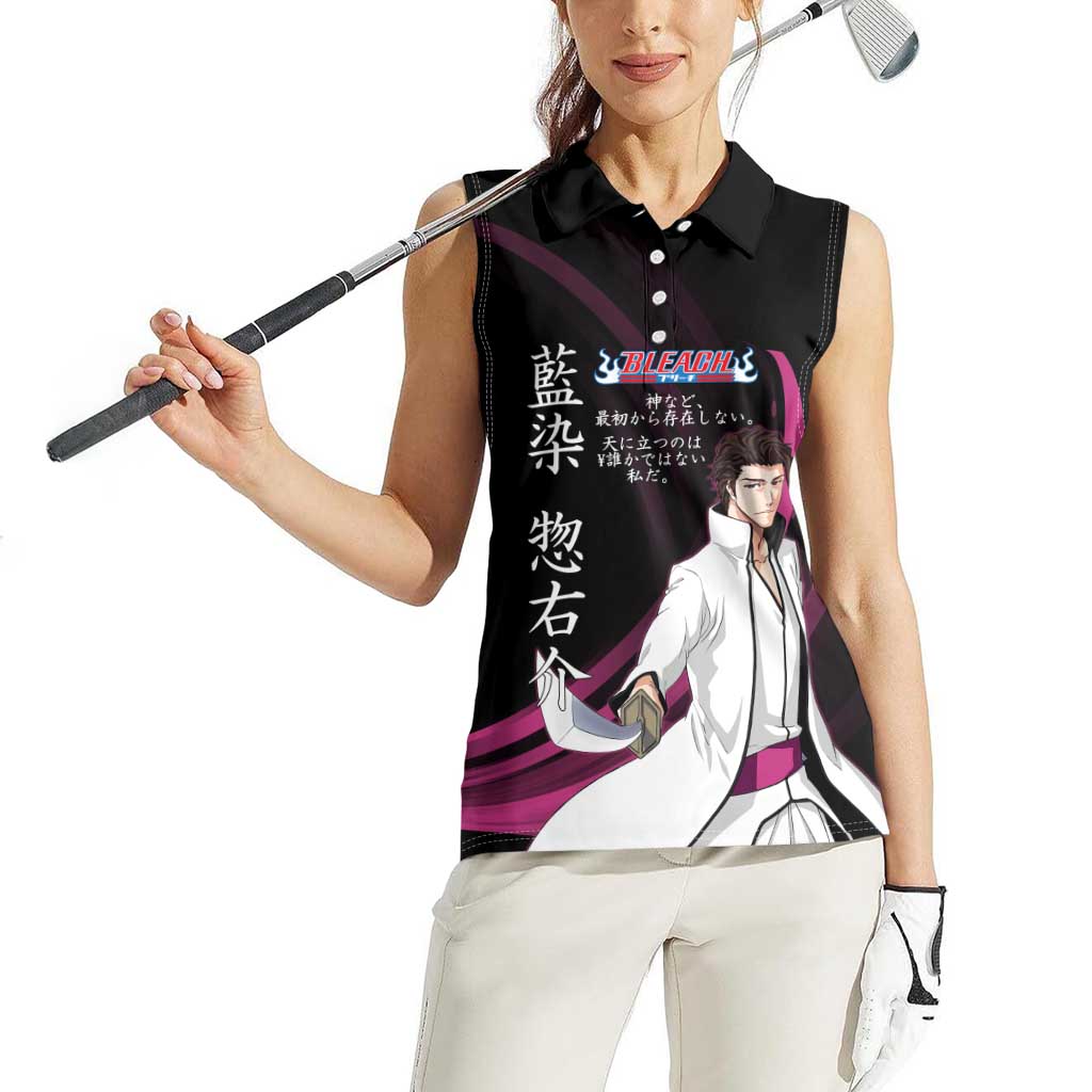 Sosuke Aizen Bleach Anime Black and Purple Theme Women Sleeveless Polo Shirt with Zanpakuto Pose and Japanese Quote Design - The Mazicc