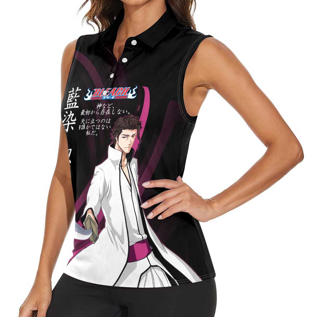Sosuke Aizen Bleach Anime Black and Purple Theme Women Sleeveless Polo Shirt with Zanpakuto Pose and Japanese Quote Design - The Mazicc
