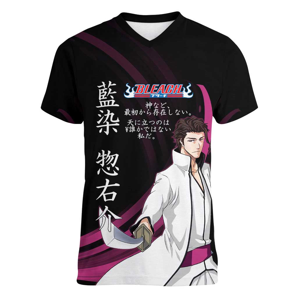 Sosuke Aizen Bleach Anime Black and Purple Theme Women V-Neck T-Shirt with Zanpakuto Pose and Japanese Quote Design - The Mazicc