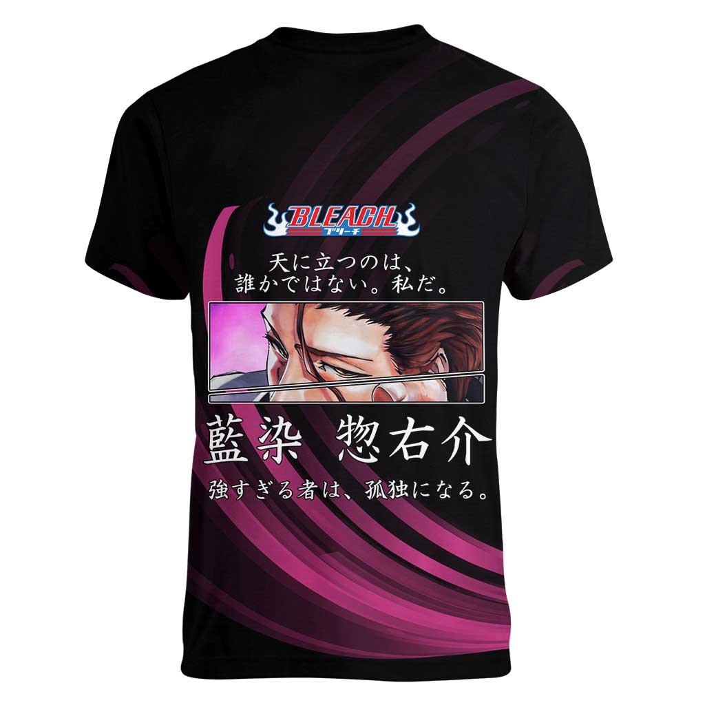 Sosuke Aizen Bleach Anime Black and Purple Theme Women V-Neck T-Shirt with Zanpakuto Pose and Japanese Quote Design - The Mazicc