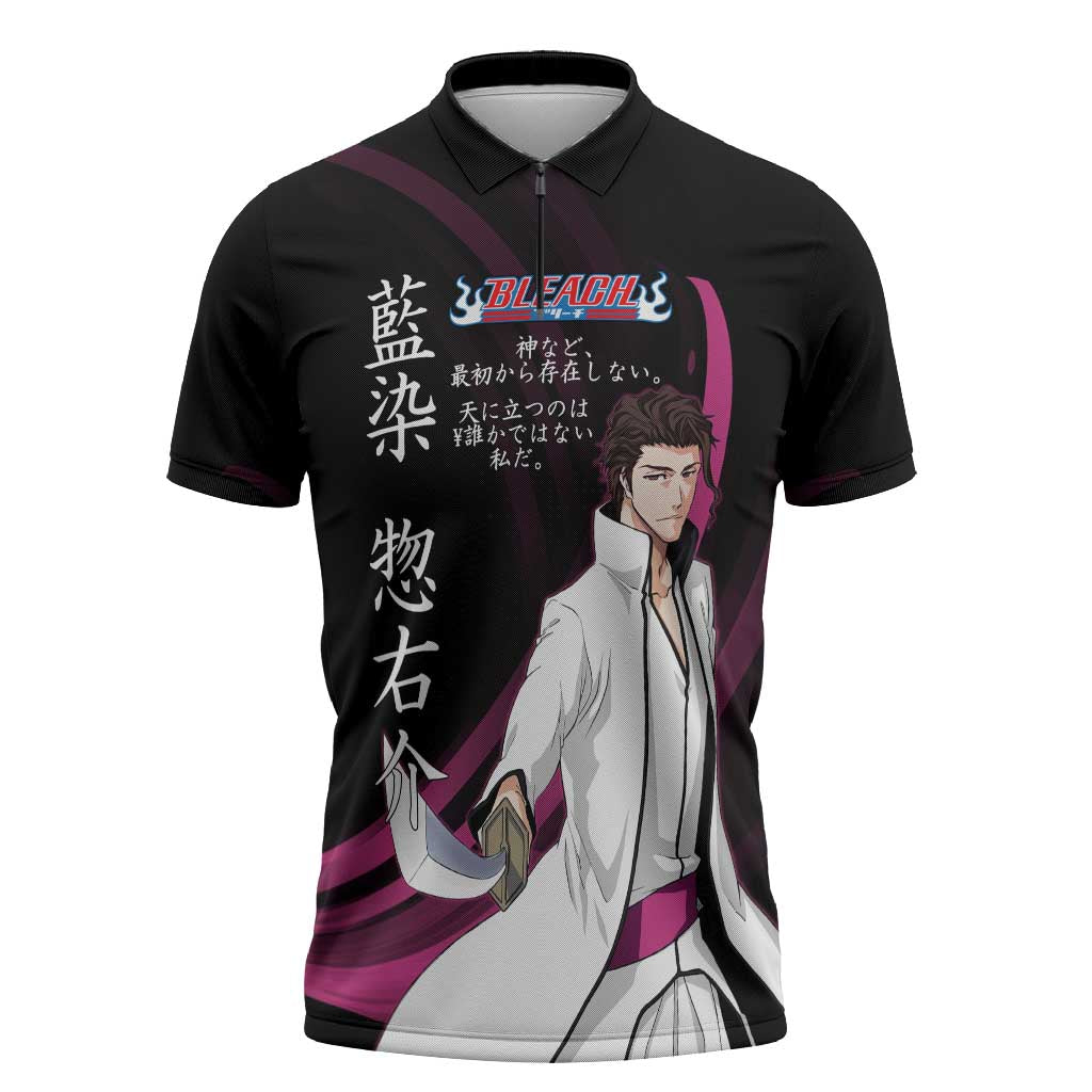 Sosuke Aizen Bleach Anime Black and Purple Theme Zipper Polo Shirt with Zanpakuto Pose and Japanese Quote Design - The Mazicc