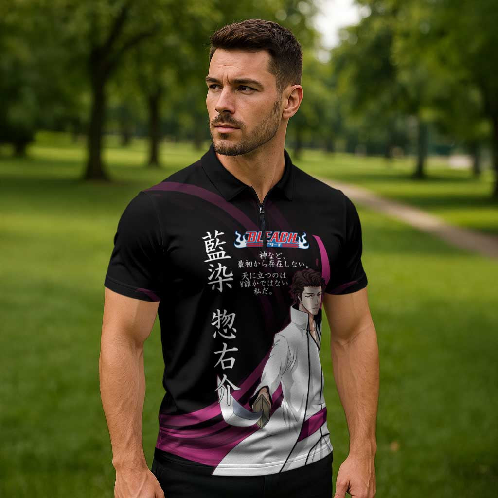 Sosuke Aizen Bleach Anime Black and Purple Theme Zipper Polo Shirt with Zanpakuto Pose and Japanese Quote Design - The Mazicc
