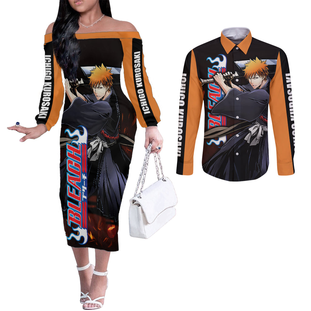 Ichigo Kurosaki Couples Matching Off The Shoulder Long Sleeve Dress and Long Sleeve Button Shirt