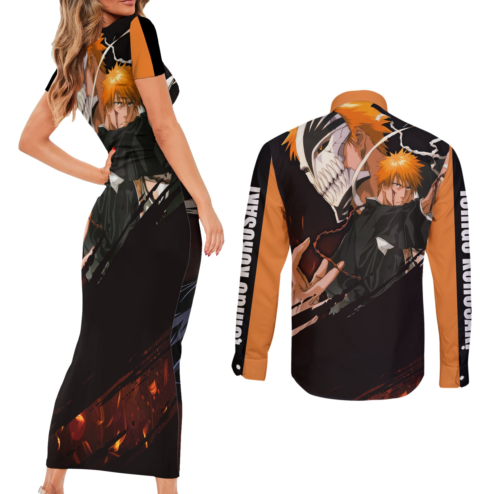 Ichigo Kurosaki Couples Matching Short Sleeve Bodycon Dress and Long Sleeve Button Shirt