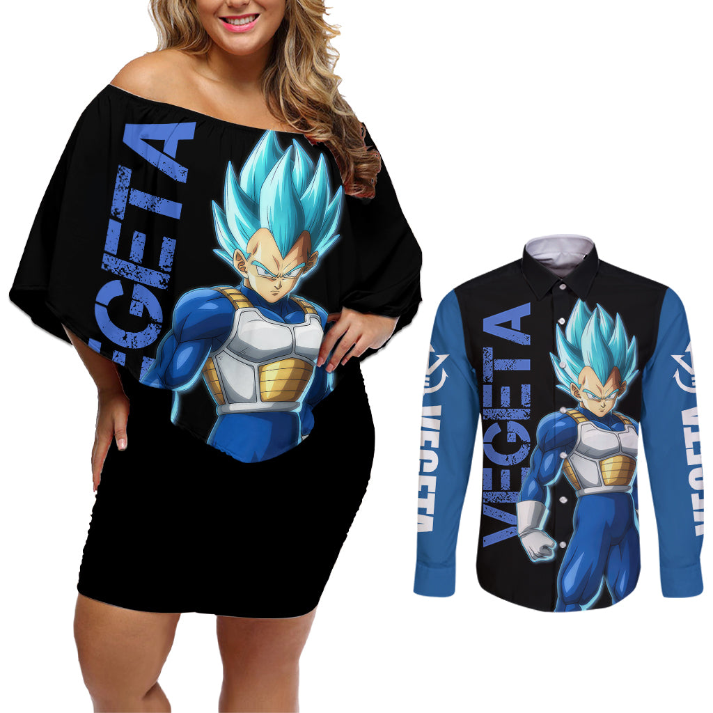 Vegeta Blue Dragon Ball Anime Couples Matching Off Shoulder Short Dress and Long Sleeve Button Shirt