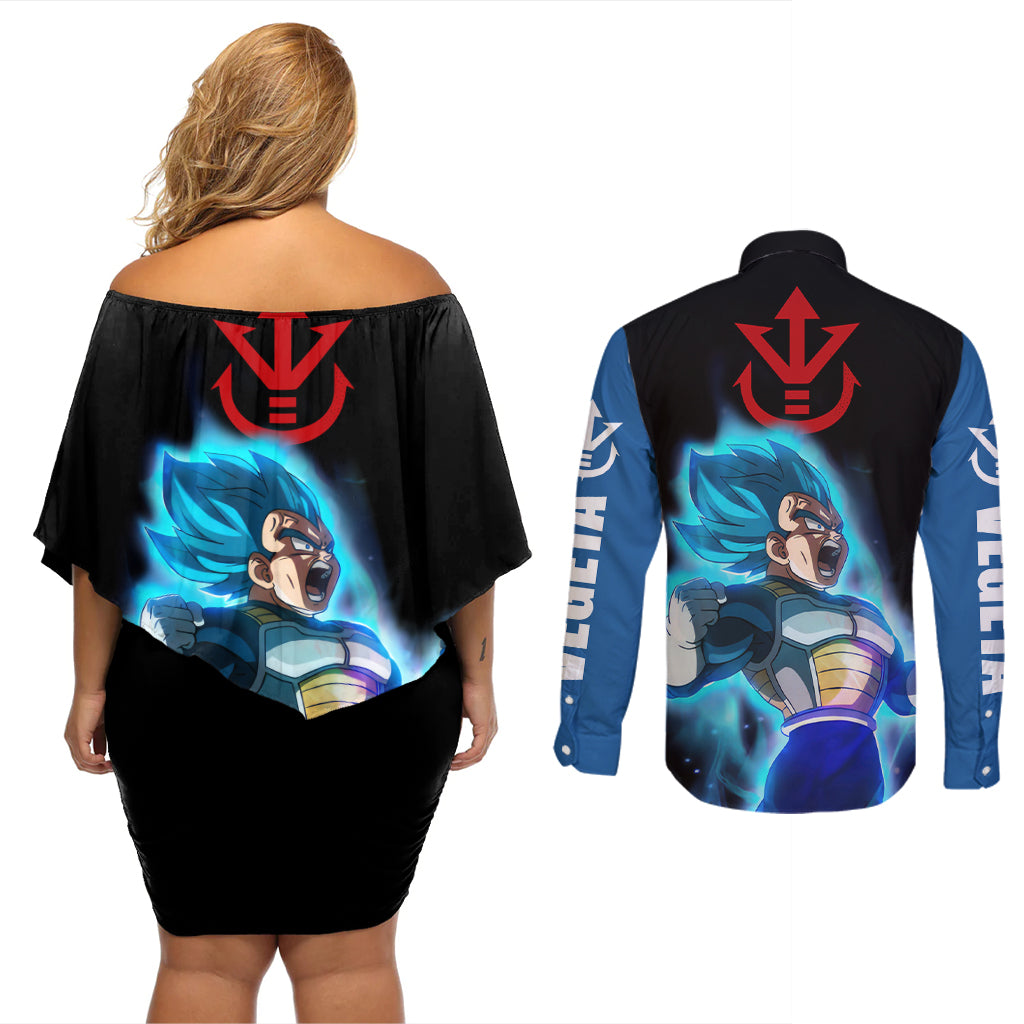 Vegeta Blue Dragon Ball Anime Couples Matching Off Shoulder Short Dress and Long Sleeve Button Shirt