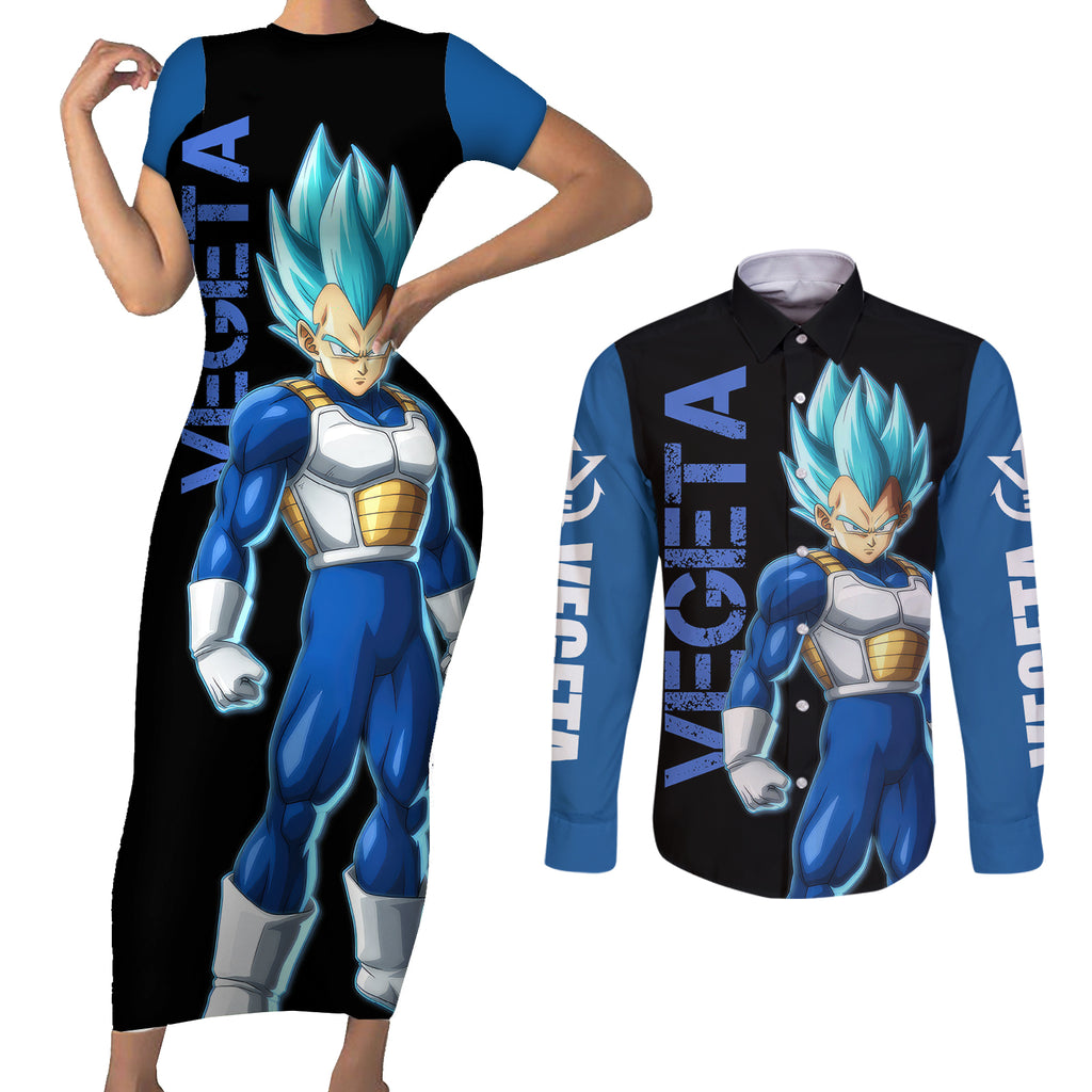 Vegeta Blue Dragon Ball Anime Couples Matching Short Sleeve Bodycon Dress and Long Sleeve Button Shirt