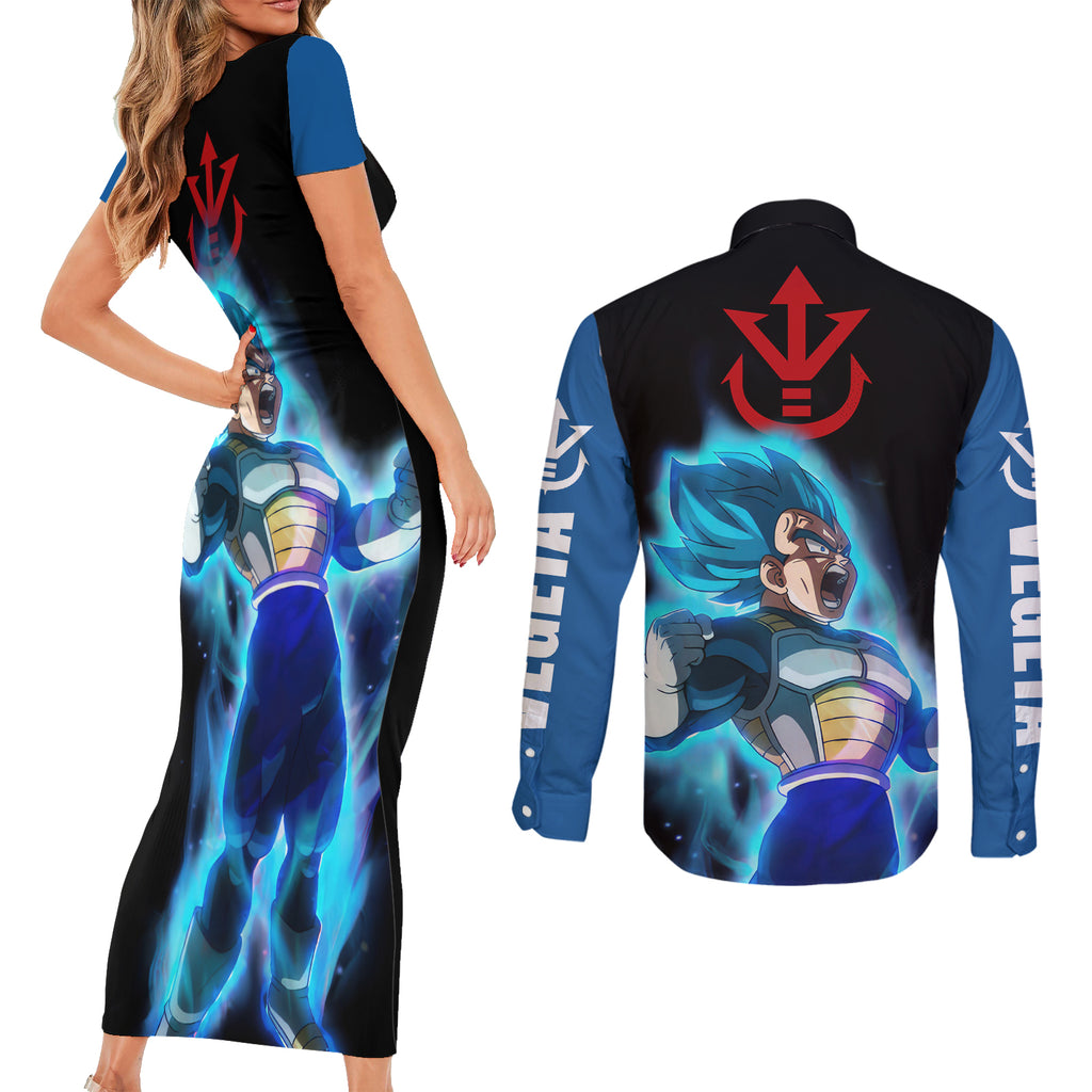 Vegeta Blue Dragon Ball Anime Couples Matching Short Sleeve Bodycon Dress and Long Sleeve Button Shirt