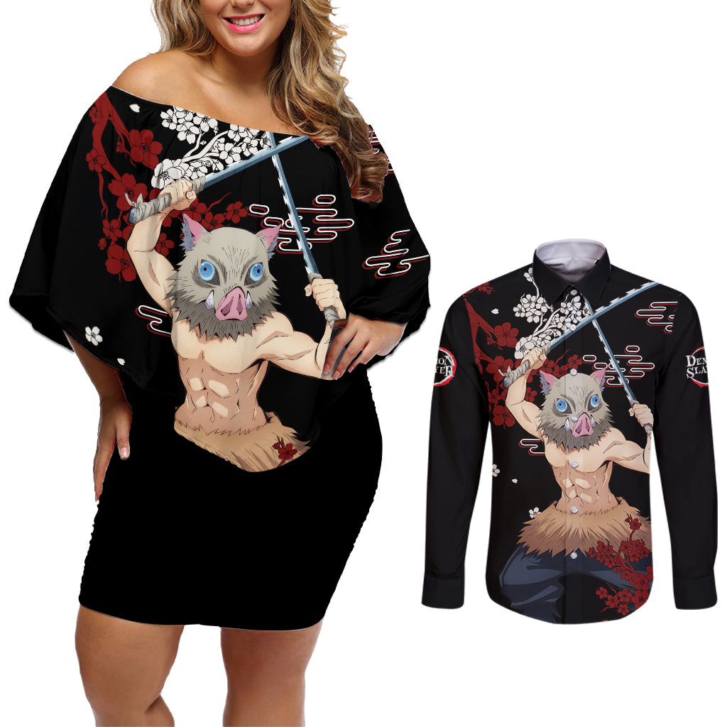 Inosuke Hashibira Couples Matching Off Shoulder Short Dress and Long Sleeve Button Shirt