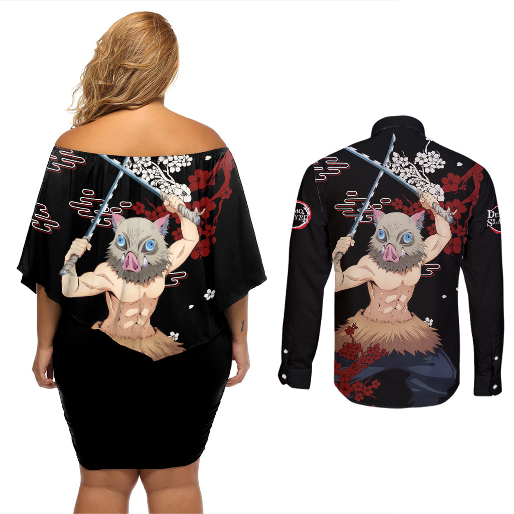 Inosuke Hashibira Couples Matching Off Shoulder Short Dress and Long Sleeve Button Shirt