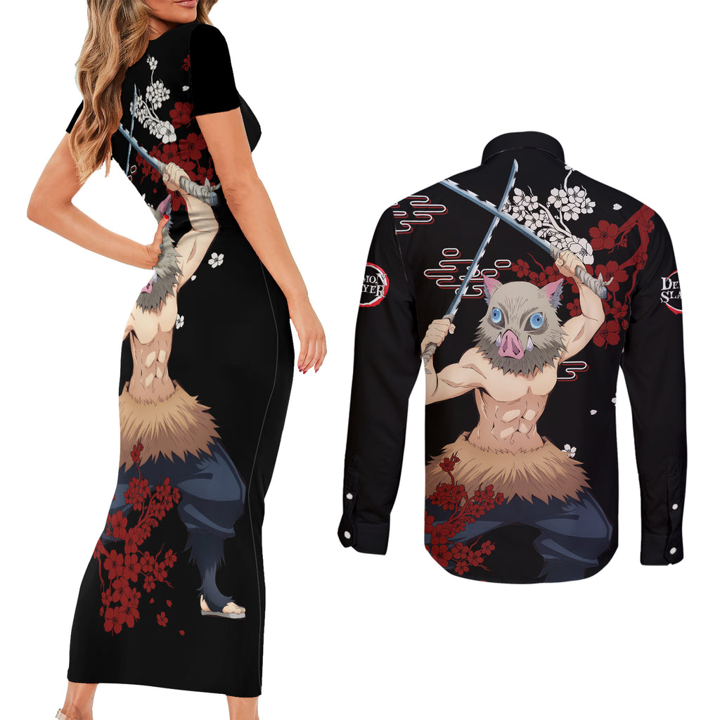 Inosuke Hashibira Couples Matching Short Sleeve Bodycon Dress and Long Sleeve Button Shirt