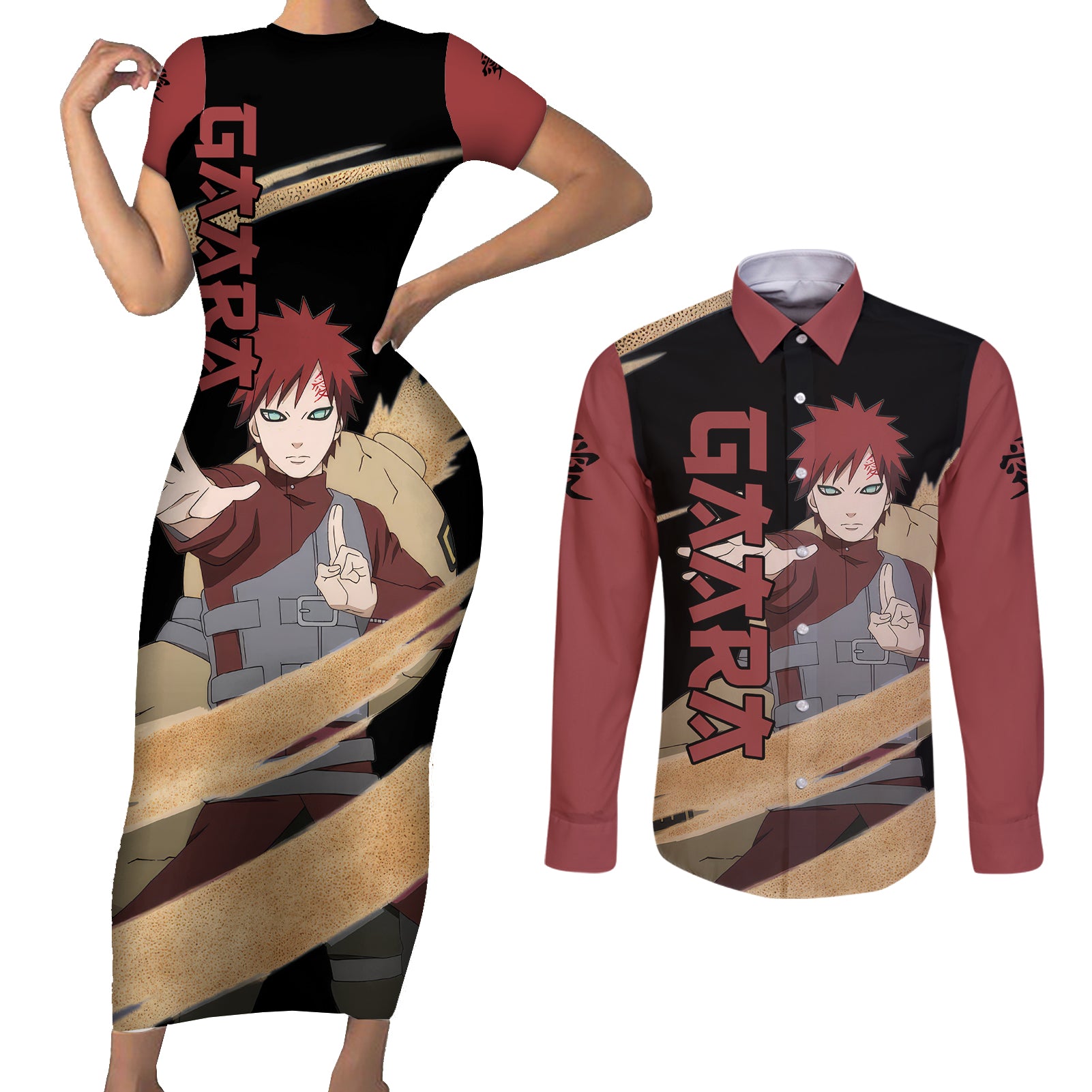 Gaara Couples Matching Short Sleeve Bodycon Dress and Long Sleeve Button Shirt