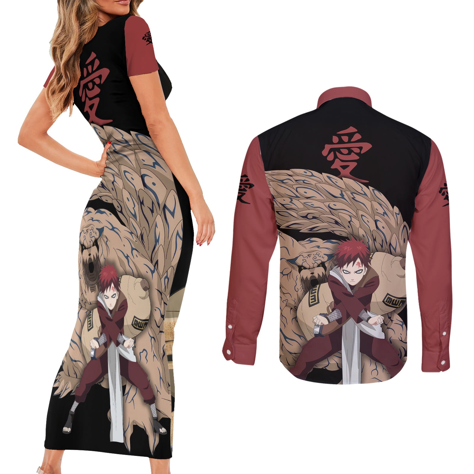 Gaara Couples Matching Short Sleeve Bodycon Dress and Long Sleeve Button Shirt