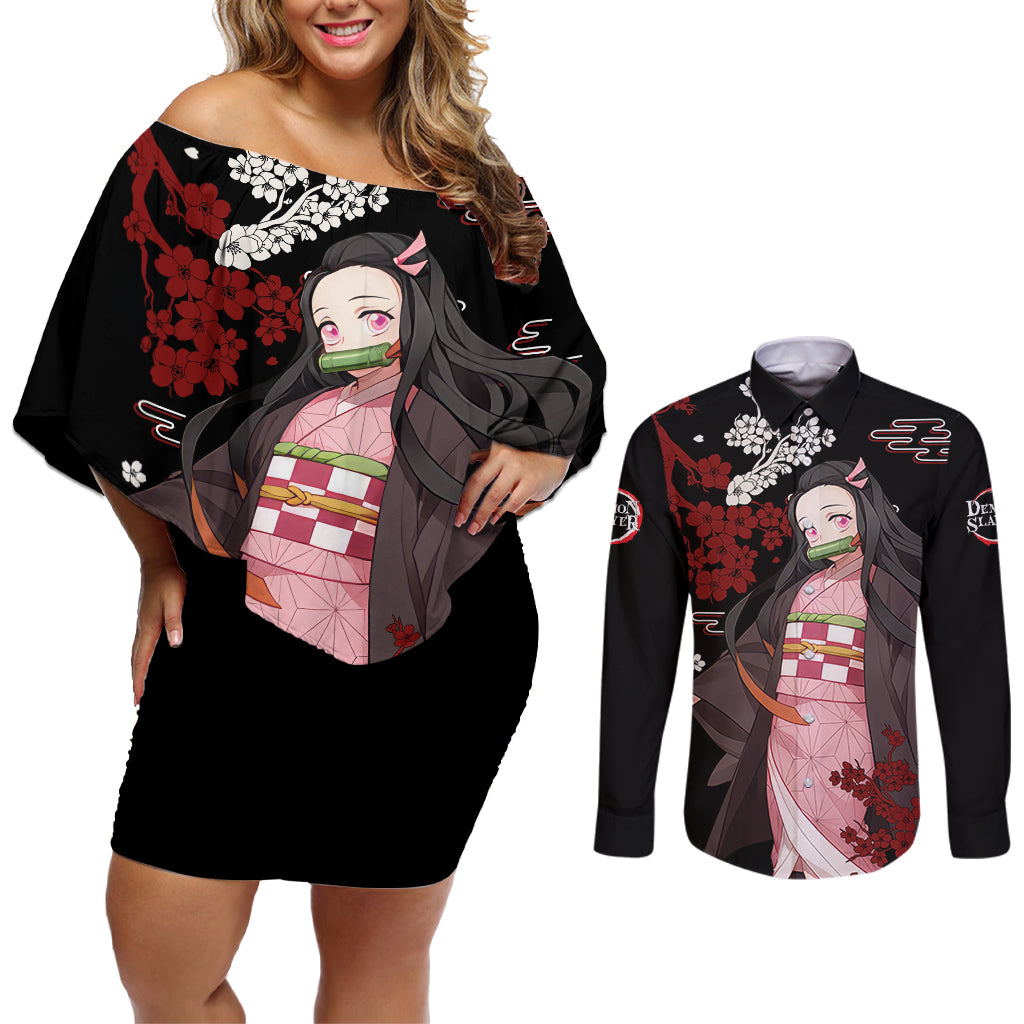 Nezuko Kamado Hoodie Demon Slayer Couples Matching Off Shoulder Short Dress and Long Sleeve Button Shirt