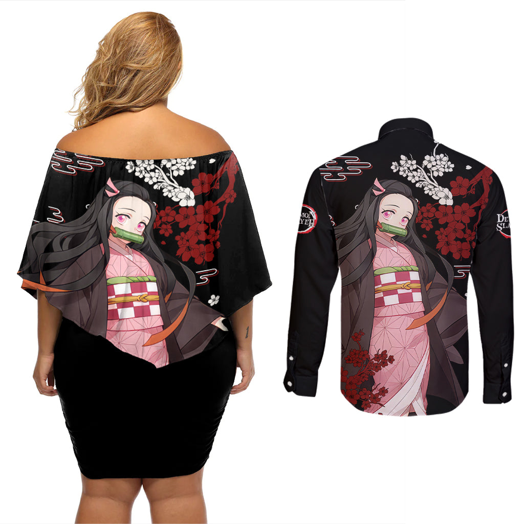 Nezuko Kamado Hoodie Demon Slayer Couples Matching Off Shoulder Short Dress and Long Sleeve Button Shirt