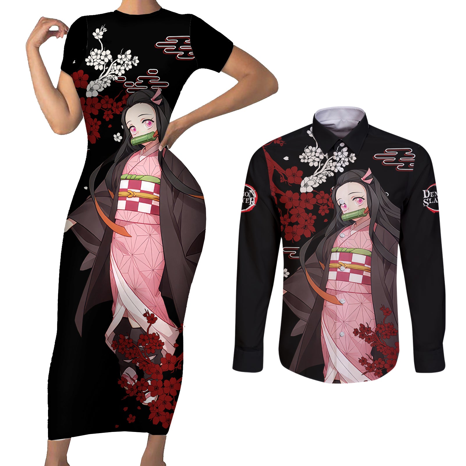 Nezuko Kamado Hoodie Demon Slayer Couples Matching Short Sleeve Bodycon Dress and Long Sleeve Button Shirt