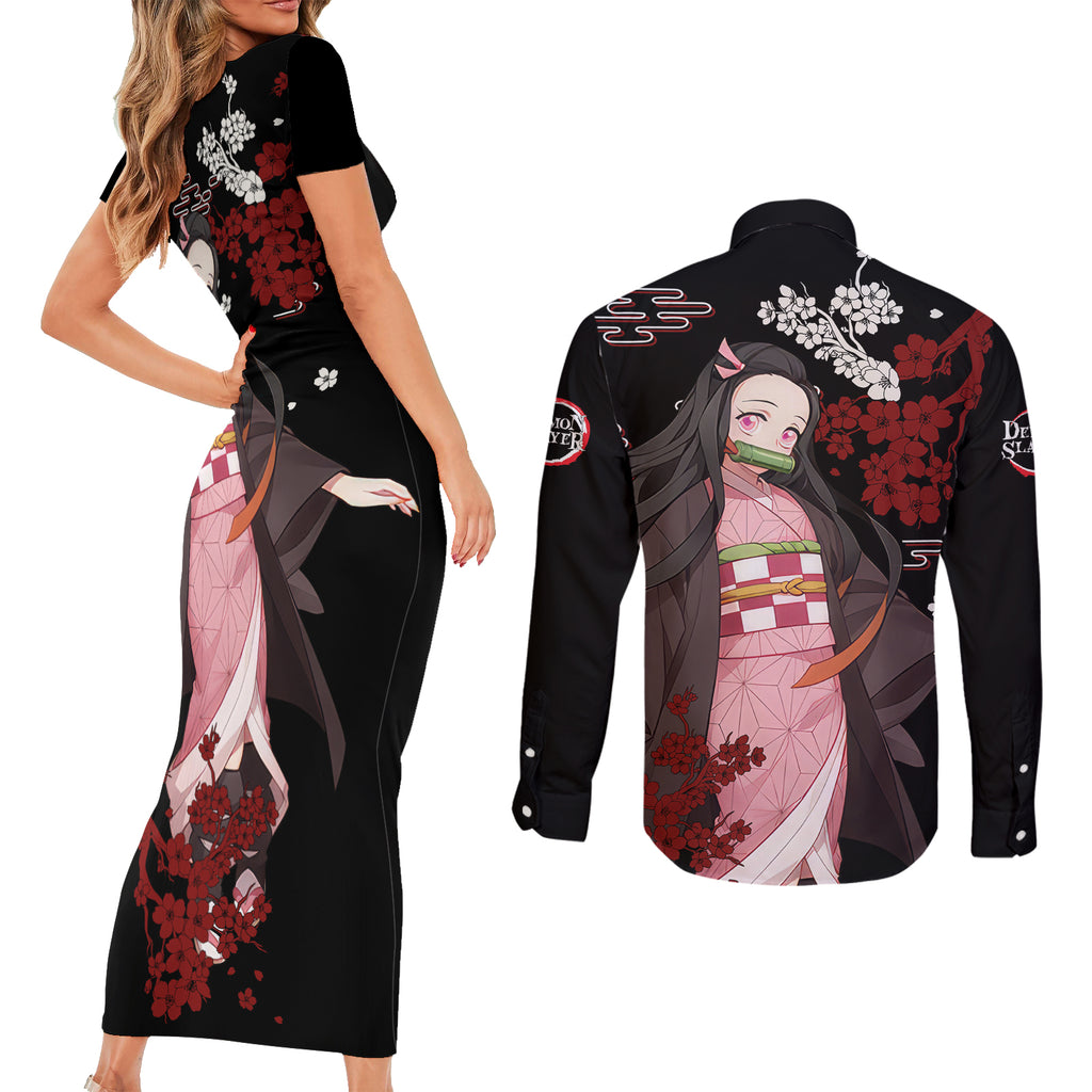 Nezuko Kamado Hoodie Demon Slayer Couples Matching Short Sleeve Bodycon Dress and Long Sleeve Button Shirt