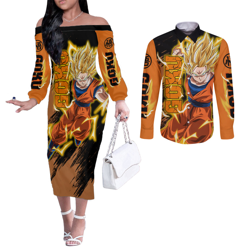 Goku Super Saiyan - Dragon Ball Couples Matching Off The Shoulder Long Sleeve Dress and Long Sleeve Button Shirt