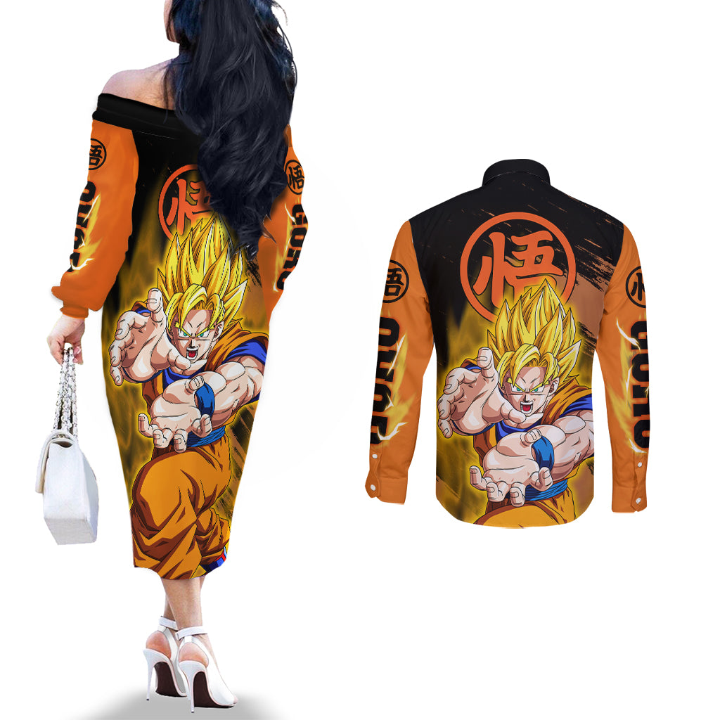 Goku Super Saiyan - Dragon Ball Couples Matching Off The Shoulder Long Sleeve Dress and Long Sleeve Button Shirt