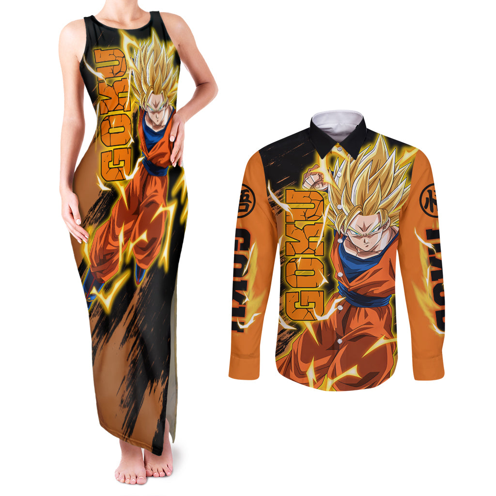 Goku Super Saiyan - Dragon Ball Couples Matching Tank Maxi Dress and Long Sleeve Button Shirt