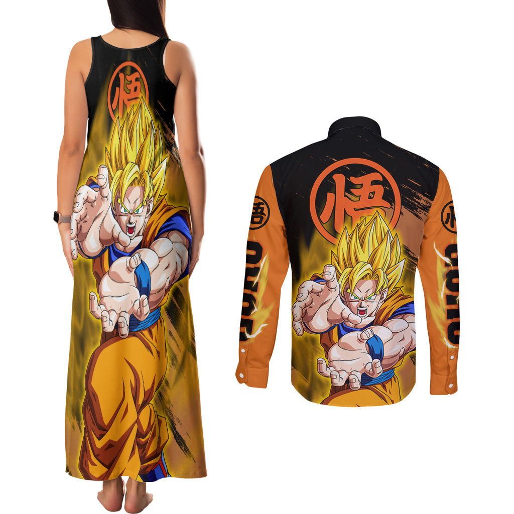 Goku Super Saiyan - Dragon Ball Couples Matching Tank Maxi Dress and Long Sleeve Button Shirt