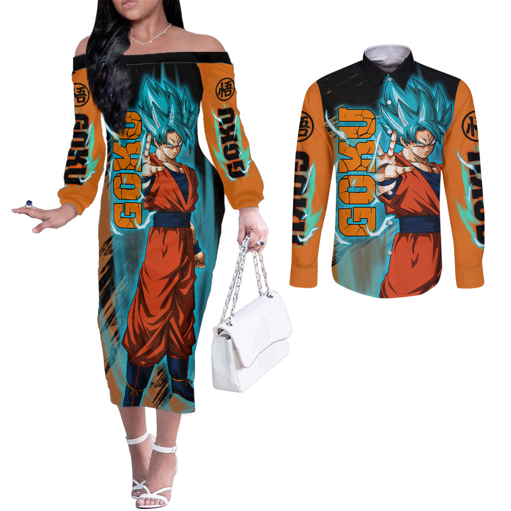 Goku Blue Anime - Dragon Ball Couples Matching Off The Shoulder Long Sleeve Dress and Long Sleeve Button Shirt