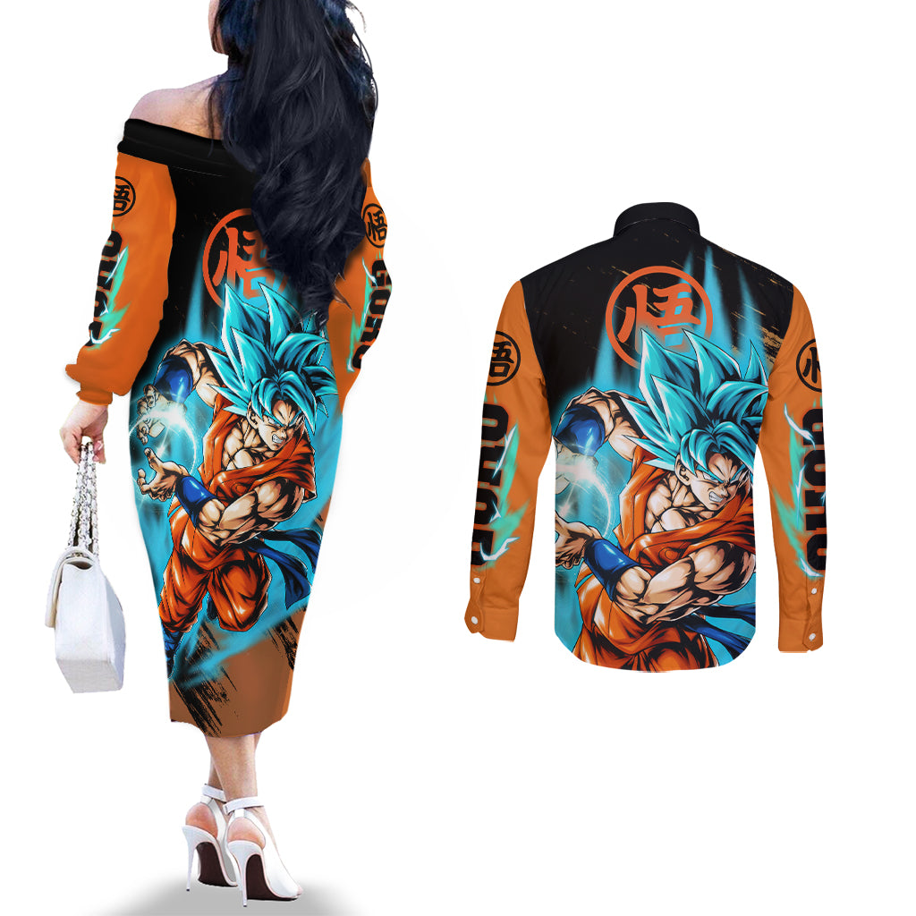 Goku Blue Anime - Dragon Ball Couples Matching Off The Shoulder Long Sleeve Dress and Long Sleeve Button Shirt