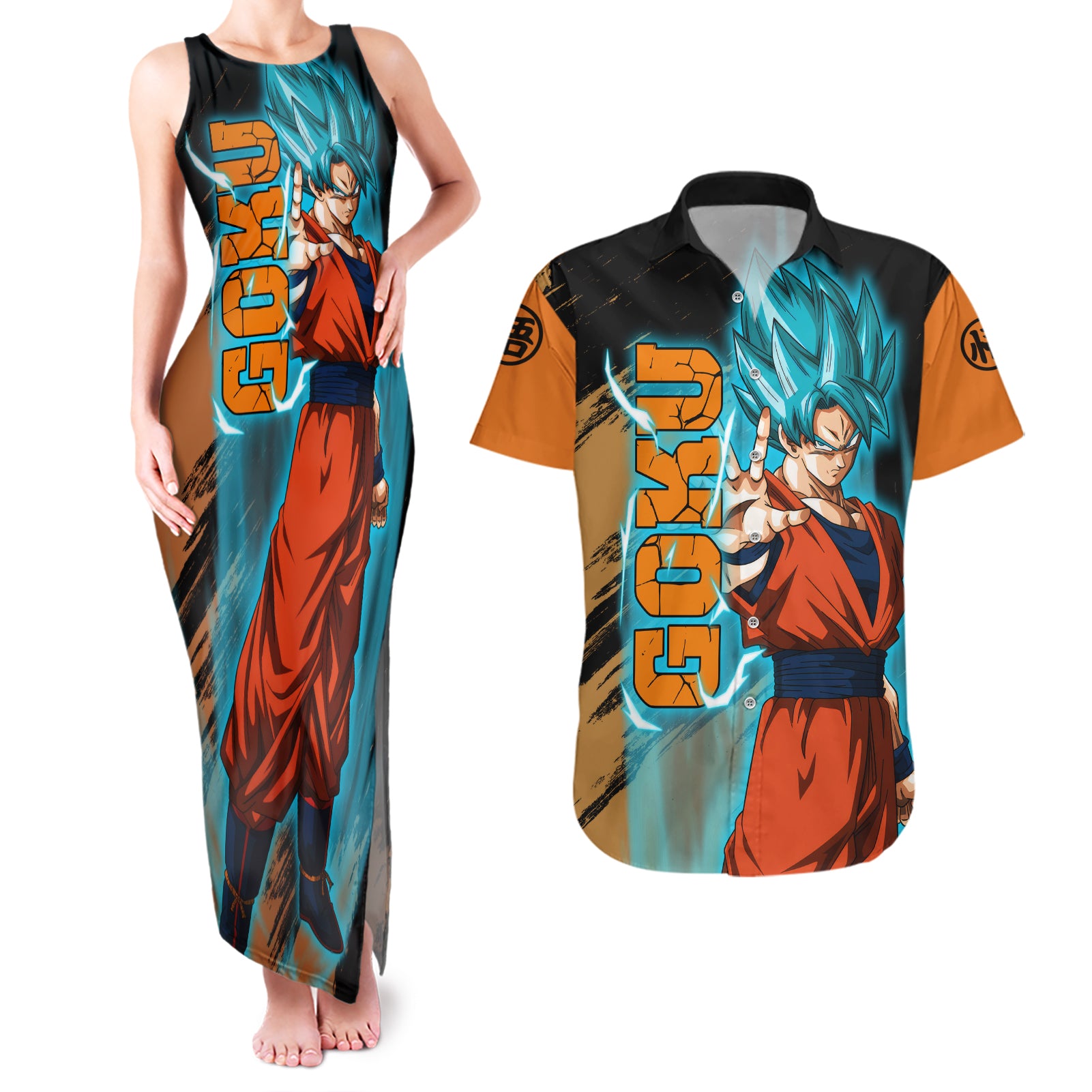 Goku Blue Anime - Dragon Ball Couples Matching Tank Maxi Dress and Hawaiian Shirt