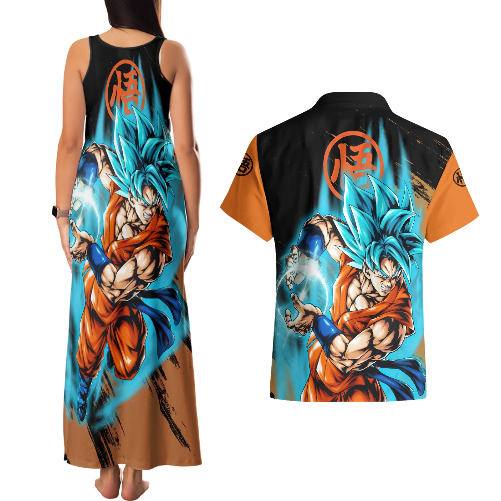 Goku Blue Anime - Dragon Ball Couples Matching Tank Maxi Dress and Hawaiian Shirt