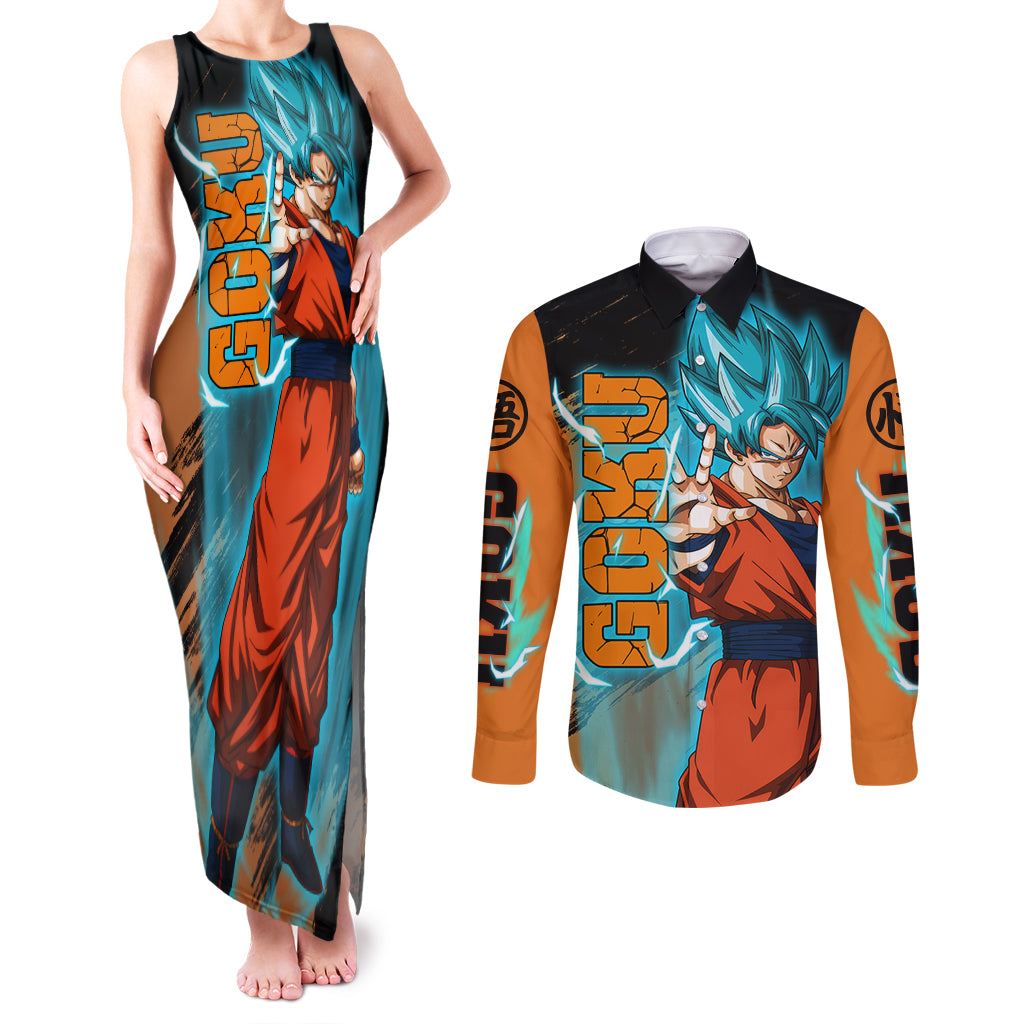 Goku Blue Anime - Dragon Ball Couples Matching Tank Maxi Dress and Long Sleeve Button Shirt