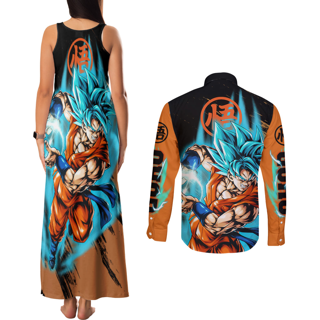 Goku Blue Anime - Dragon Ball Couples Matching Tank Maxi Dress and Long Sleeve Button Shirt