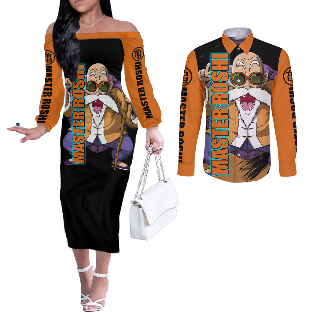 Master Roshi - Dragon Ball Couples Matching Off The Shoulder Long Sleeve Dress and Long Sleeve Button Shirt